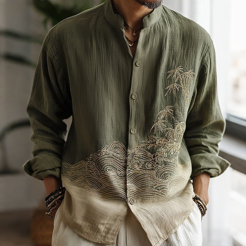 Men's Japanese-style Bamboo Waves Gradient Pattern Linen Blend Shirt  artssus