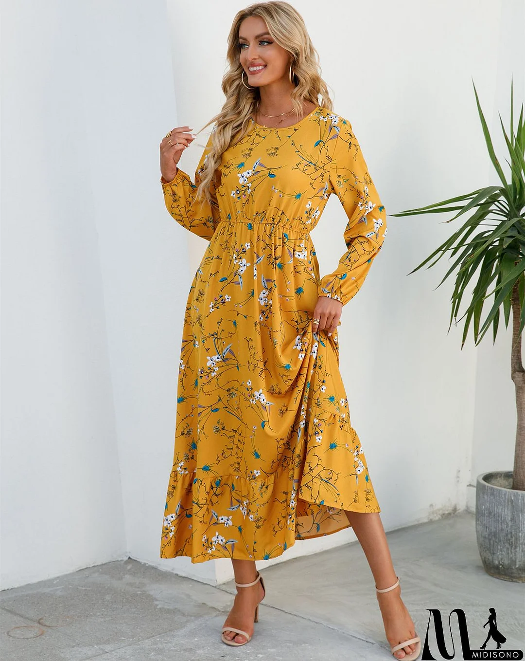 MidiSono - Women Fashion Casual Floral Print Round Neck Long Sleeve Maxi Dress