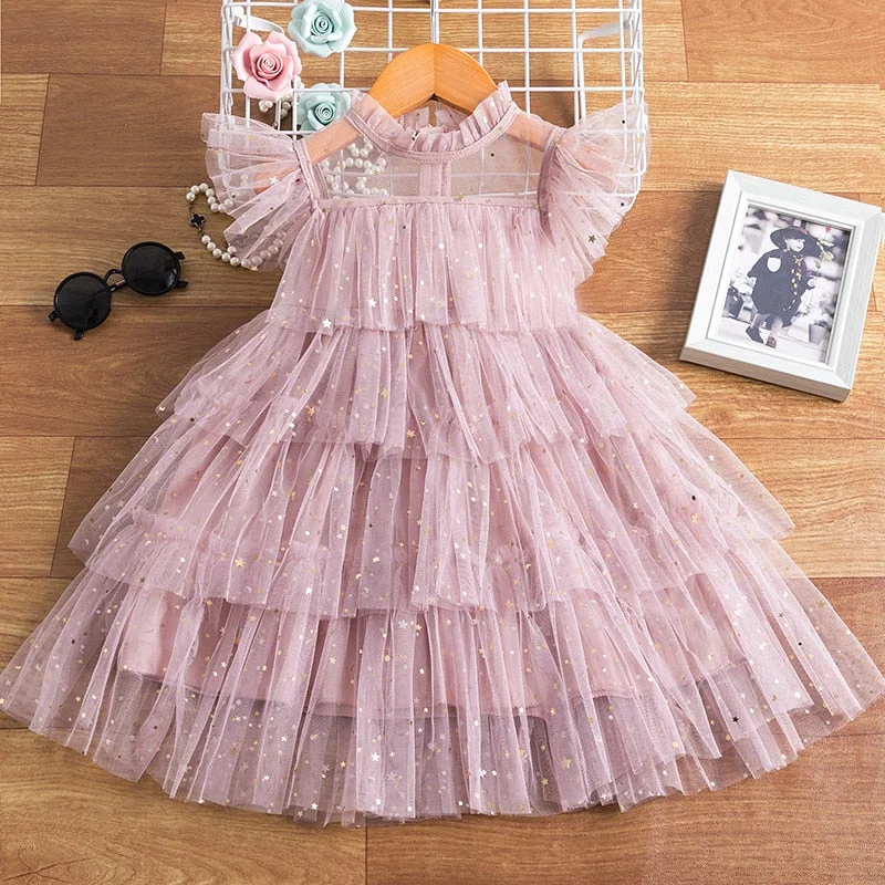 Summer Flower Girl Princess Dresses For Wedding Sequin Shiny Cake Kids Tulle A-Line Cloth Children Elegant Birthday Mesh Costume