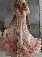 Women's Vintage Pink Floral Art Embroidered Flowy Maxi Dress