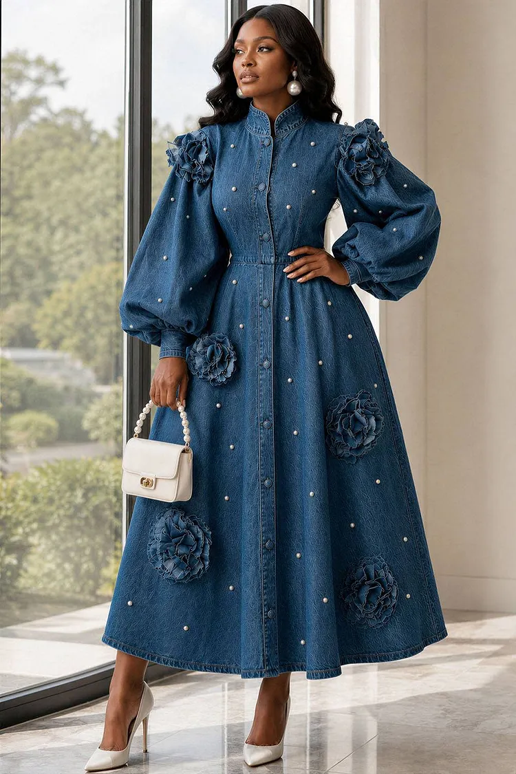 Xpluswear Design Plus Size Business Casual Blue Stand-Up Collar Lantern Sleeve Long Sleeve Pocket 3D Denim Midi Dresses [Pre-Order] 2024 - Xpluswear