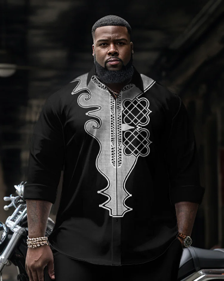 Men's Plus Size Ethnic Silver Pattern Long Sleeve Shirt Two-Piece Set