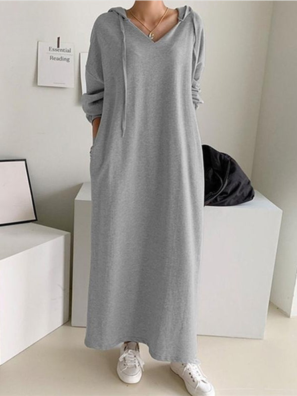Women's Long Sleeve Hooded Solid Color Maxi Dress
