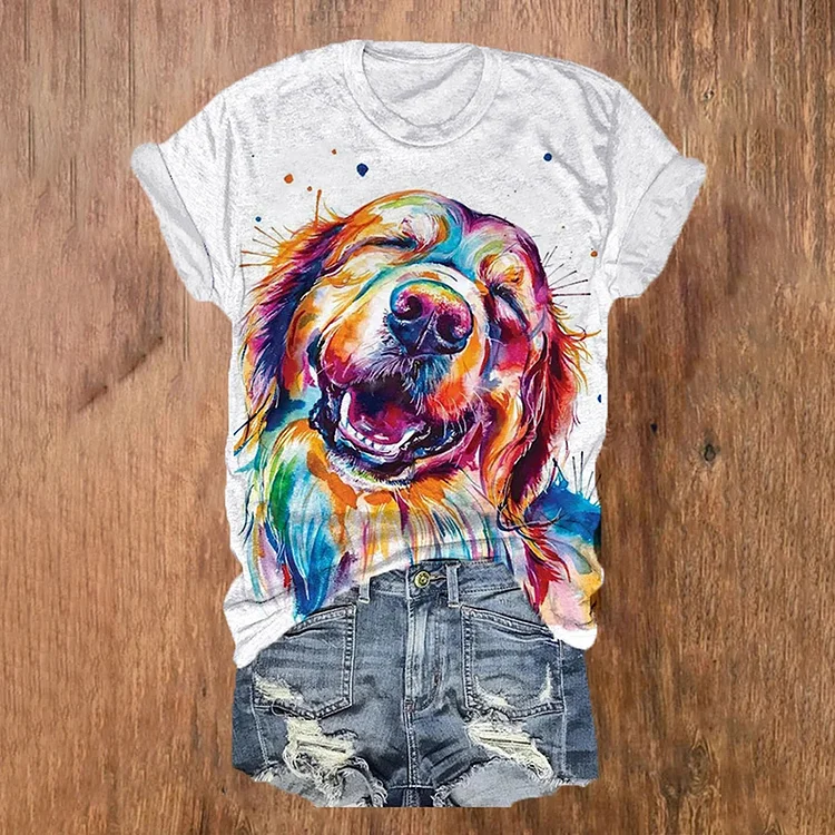 Cute Watercolor Dog Print Casual T-Shirt