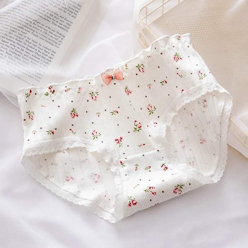 Women's Cotton Underwear Sexy Lace Panties Girl Fashion Thread Bow Briefs Mid Waist Seamless Comfort Underpants Female Lingerie