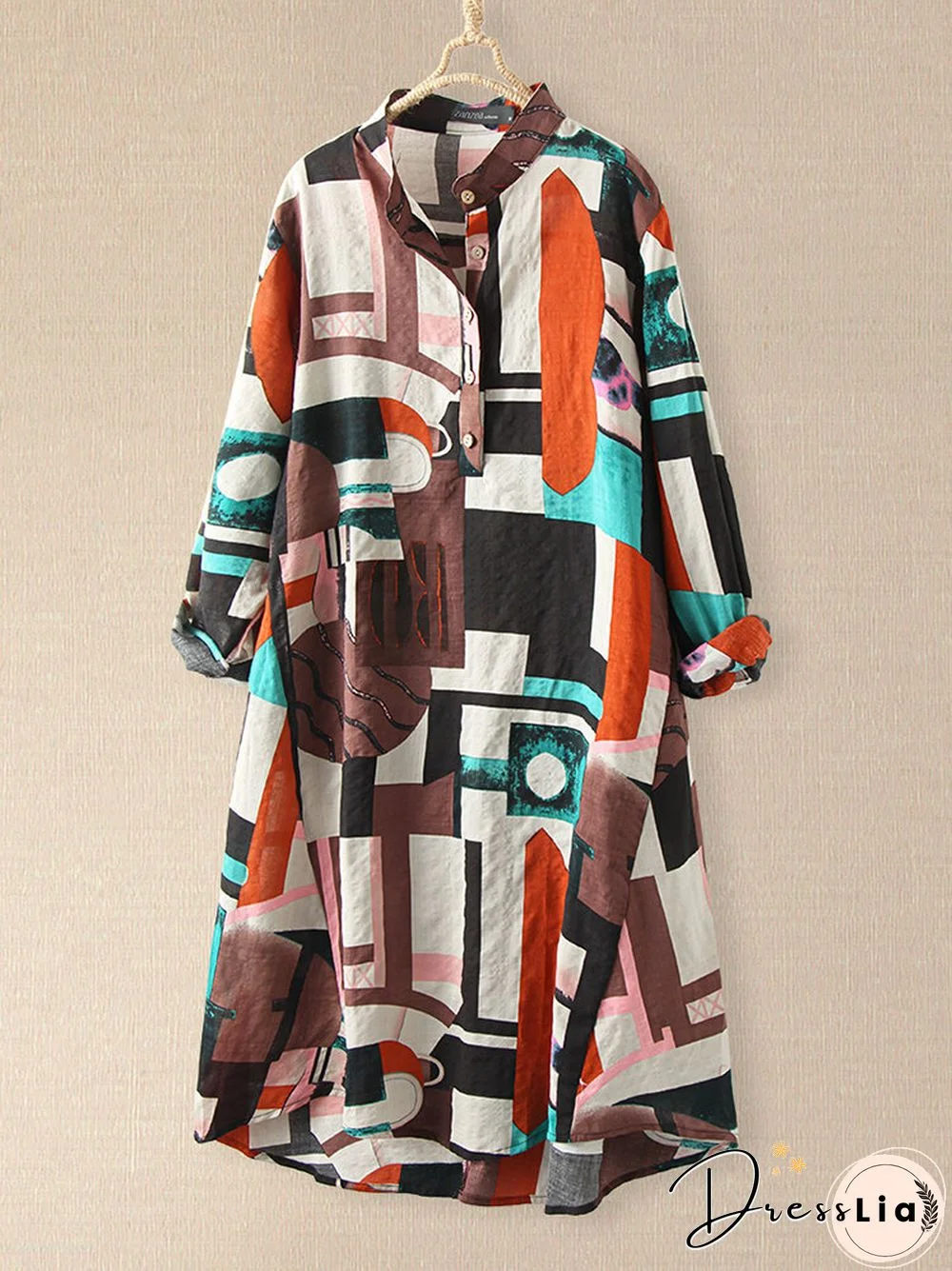 Plaid Loose Stand Collar Long Sleeve Casual Print Dress For Women