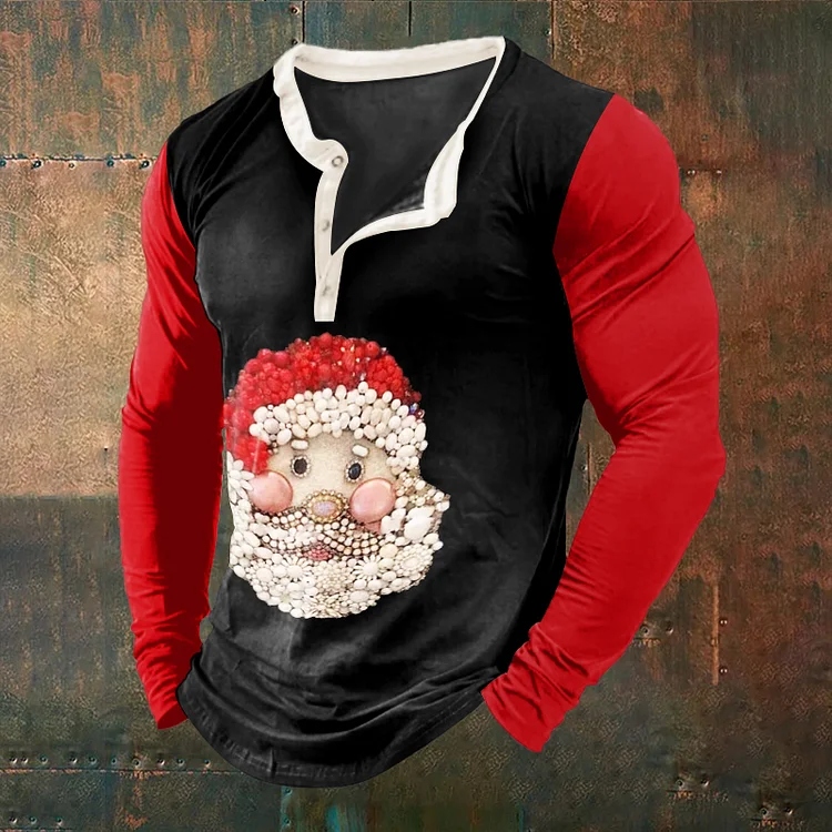 Comstylish Men's Santa Claus Print Contrast Color Long Sleeve T-Shirt