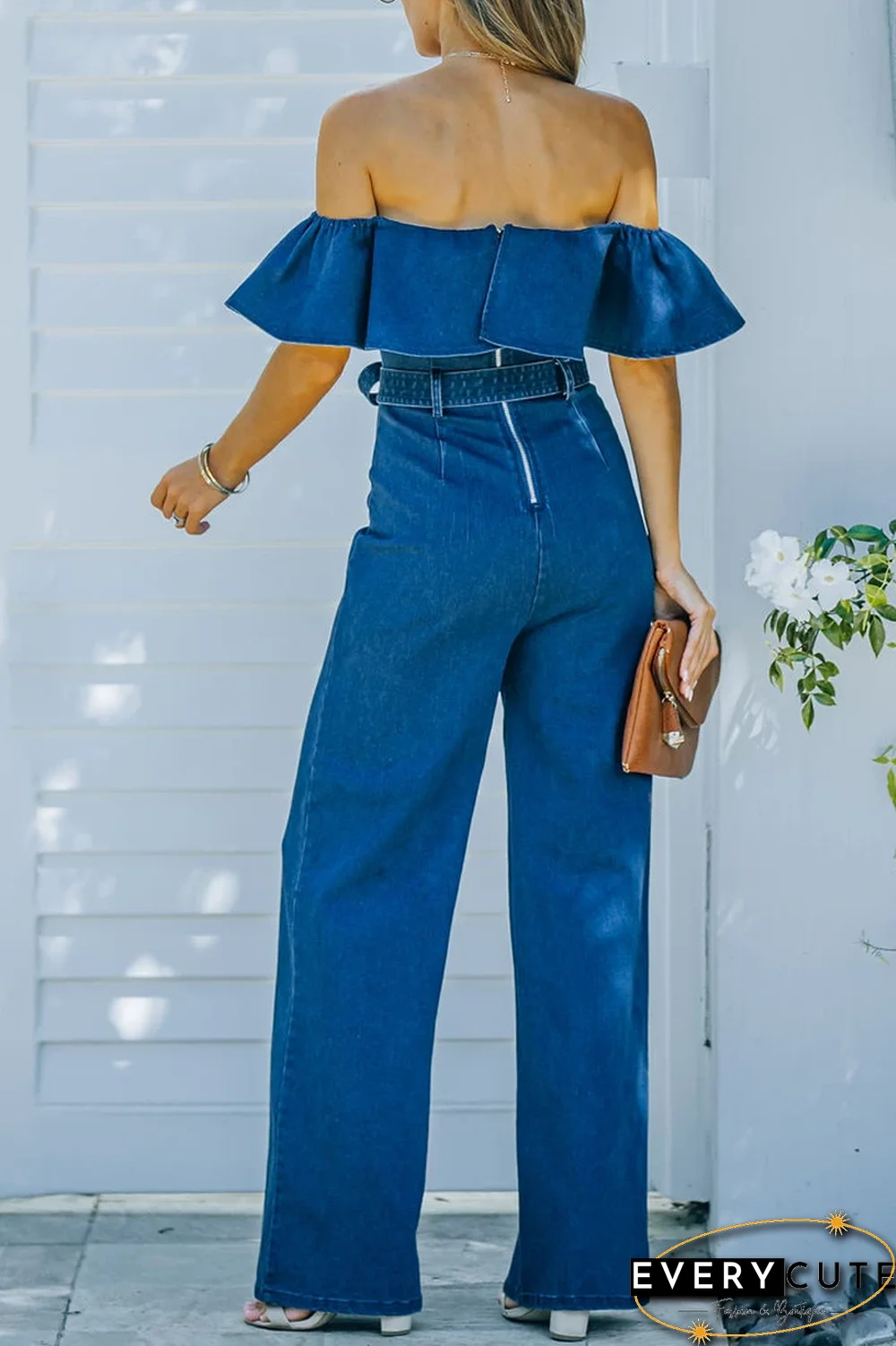 Off The Shoulder Denim Jumpsuit(Presale)
