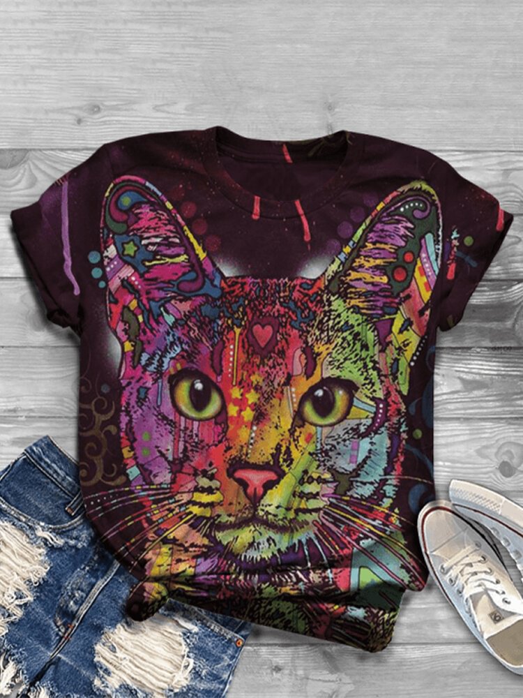 Cartoon Cat Print Short Sleeve T Shirt For Women P1795945