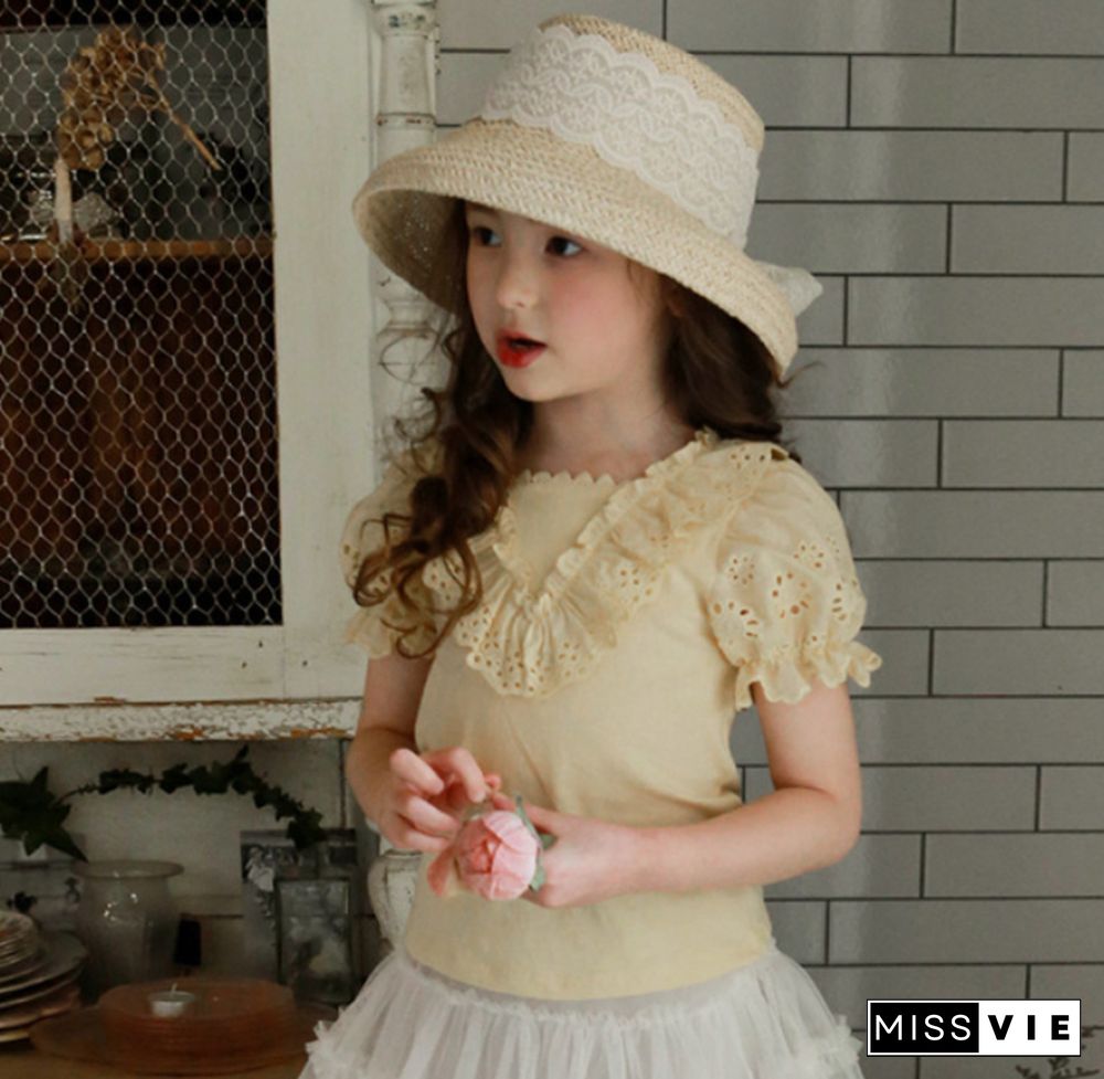 Summer Children's Clothing Solid Color Small And Medium-Sized Girls Triangular Lace Collar Short Sleeve Bubble Sleeve T-Shirt