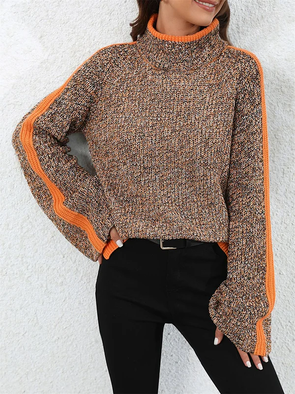 Casual Long Sleeves Loose Contrast Color Half Turtleneck Sweater Tops