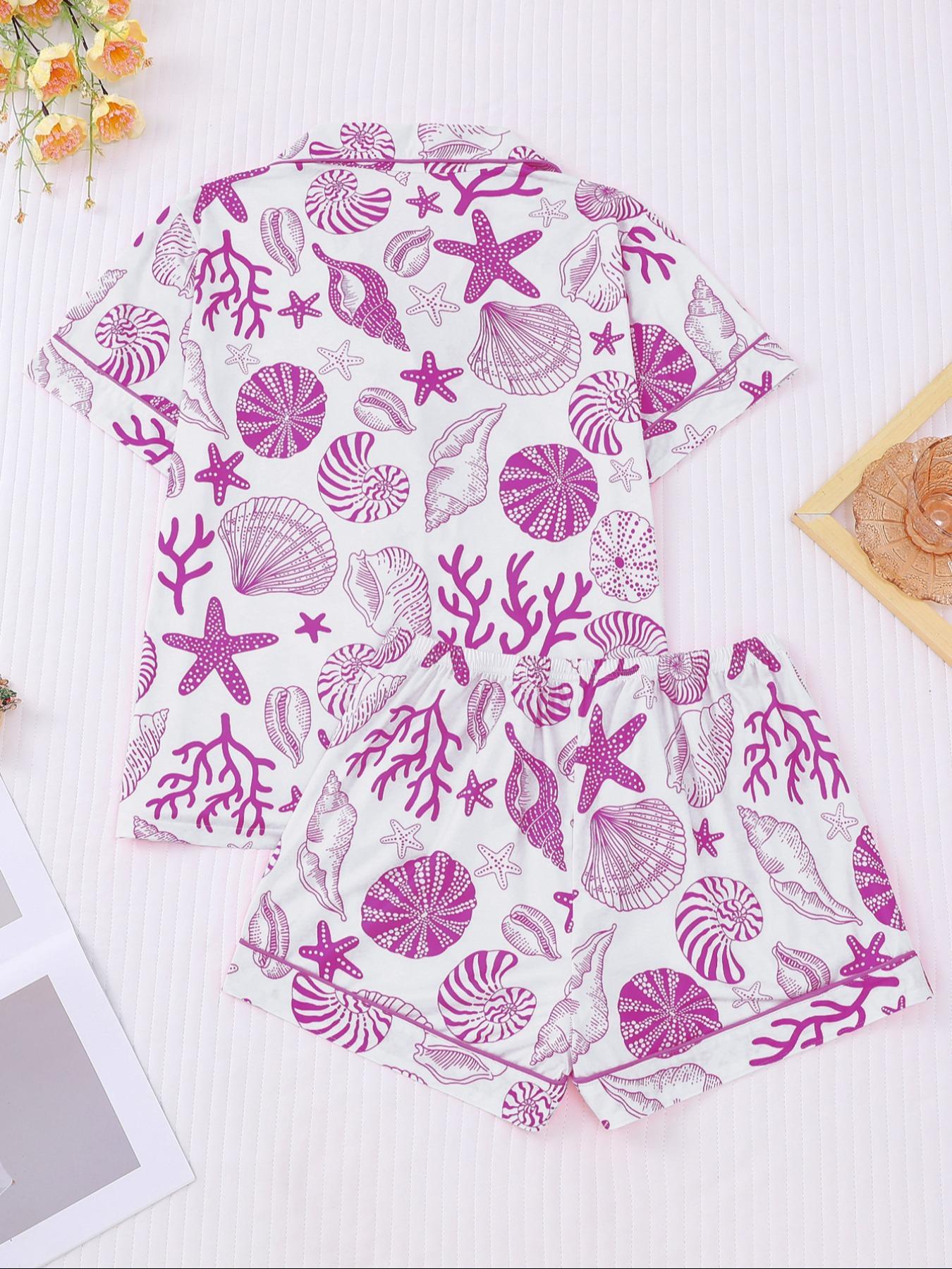 Women's All Over Shell Print Short Sleeve Pajama Two-piece Set, Elegant Casual Comfy Button Front Lapel Neck Top & Shorts Set, Ladies Sleepwear for All Seasons, Sleepwear Loungewear