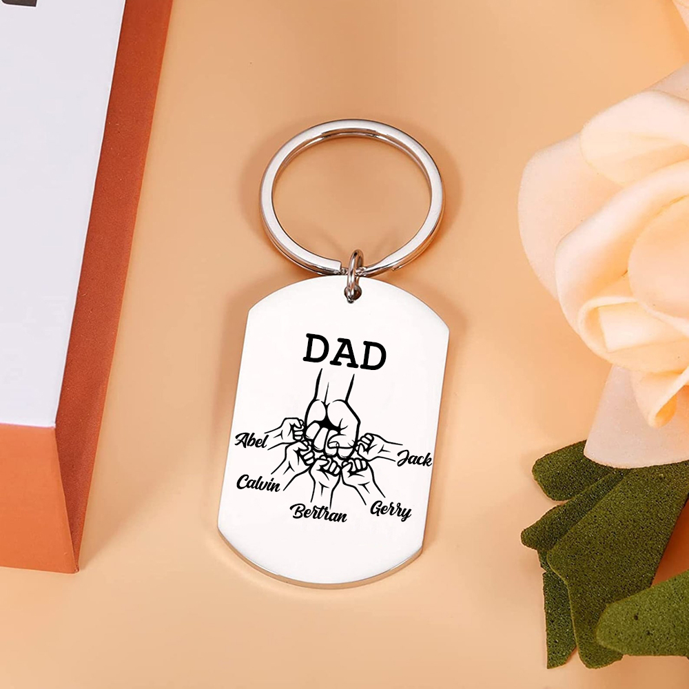 5 Names - Personalized Fist Pendant Keychain Gift Set - Customized Photo Special Gift for Dad