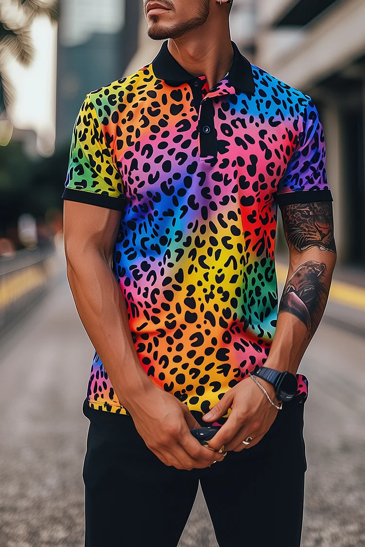 Ciciful Rainbow Leopard Print Short Sleeve Polo Shirt