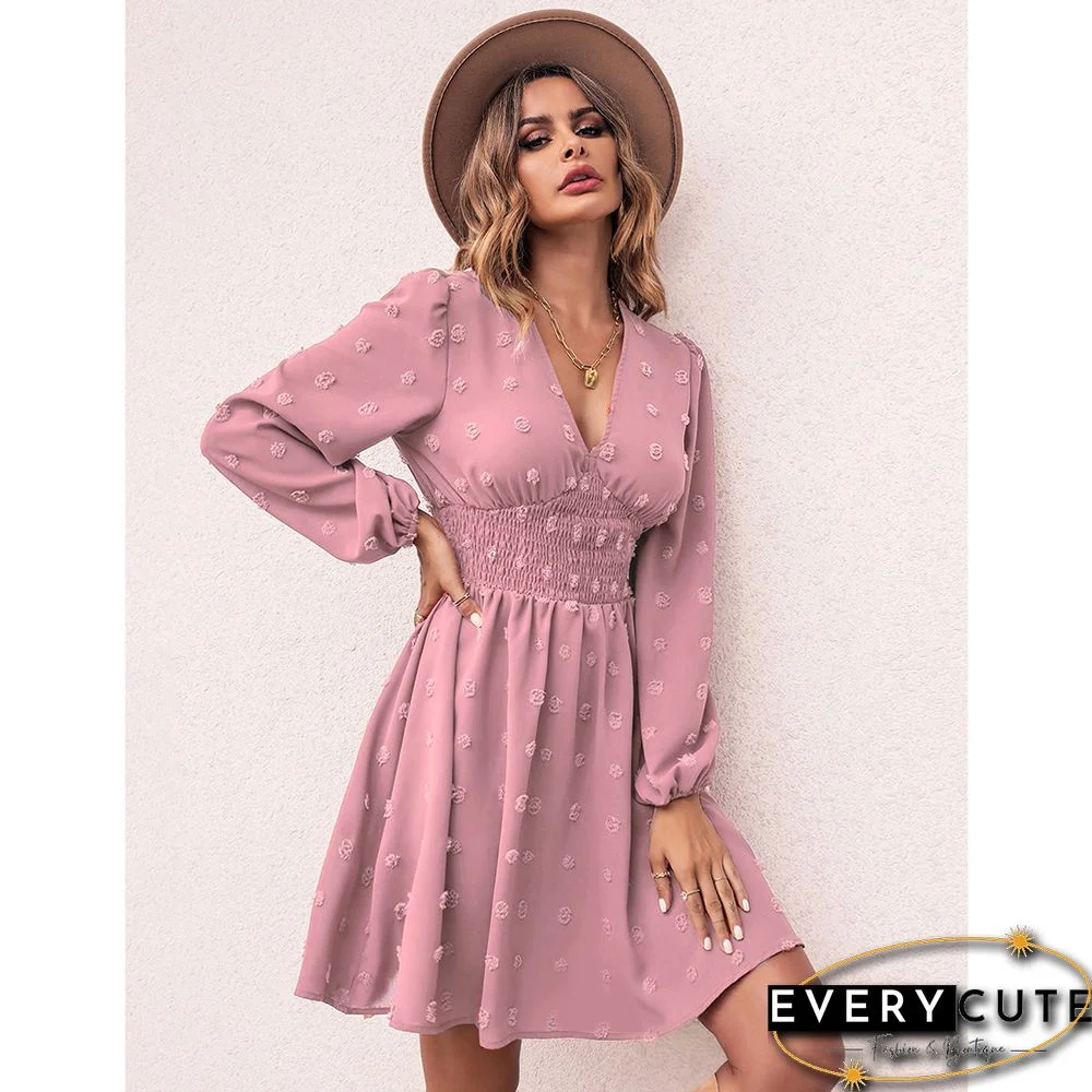 Pink Jacquard Slim Fit A-line Long Sleeve Dress