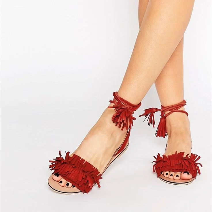 Women's Red Fringe Sandals Fringes Strappy Heels Comfortable Flats |FSJ Shoes