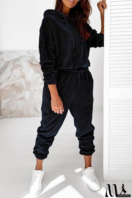 MidiSono - Velvet Drawstring Hooded Joggrt Set