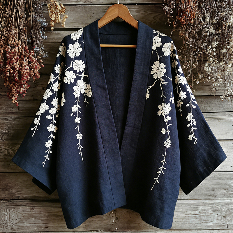 Retro Japanese Floral Art Print Cotton And Linen Blend Kimono Cardigan artswardrobe
