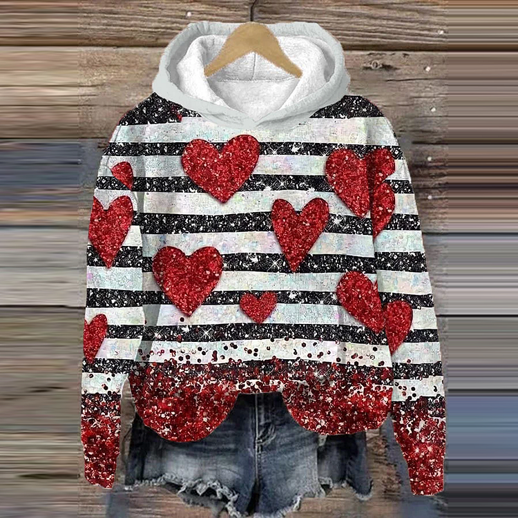 Women's Valentine's Day Glitter Print Vintage Cozy Hoodie