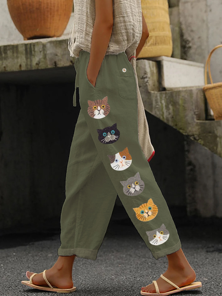 Cute Cats Animal Embroidery Pattern Linen Pants