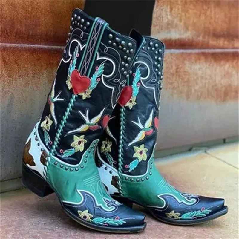 Vstacam Black Friday Women Western Tall Boots Multicolor PU Pointed Toe Thick Heel Exquisite Embroidered Rivets Fashion Street Retro Rider Boots
