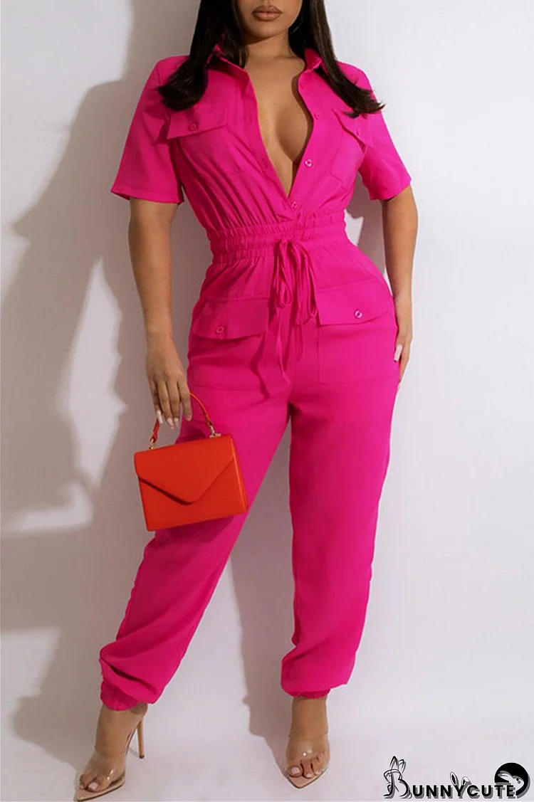 Red Fashion Casual Solid Patchwork Turndown Collar Regular Jumpsuits