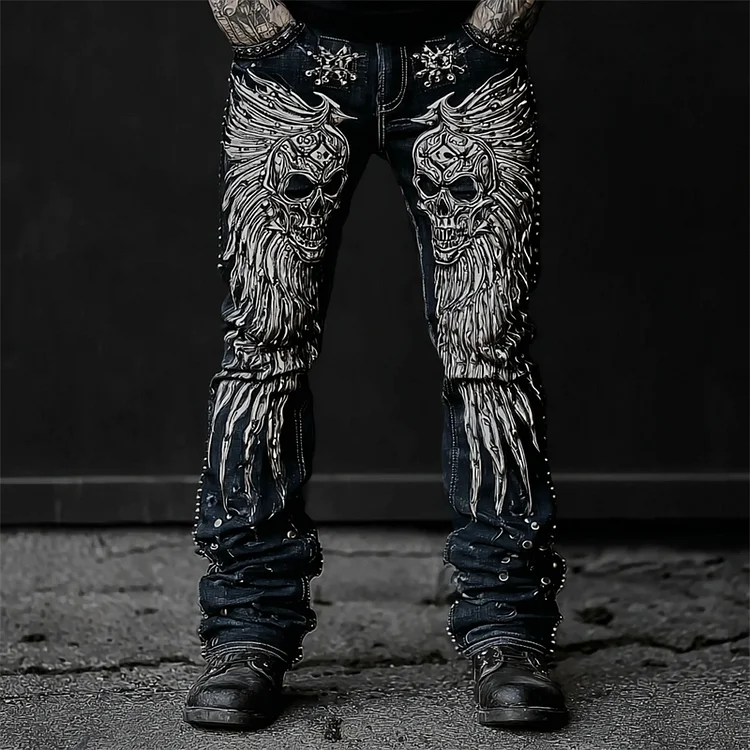 Men's Skulls & Wings Rock Studded Washed Jeans