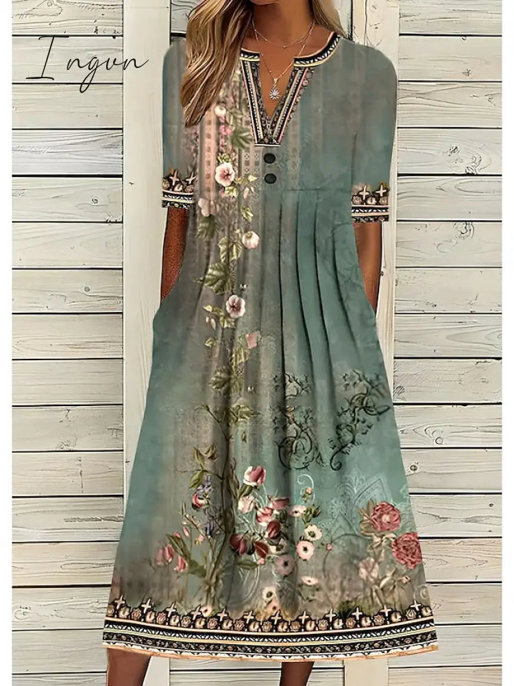 Ingvn - Women’s Casual Dress Shift Midi Navy Blue Orange Half Sleeve Floral Ruched Summer Spring