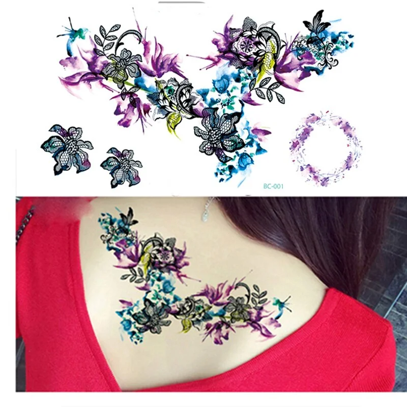 1Sheet Chest Flash Tattoo Large Flower Shoulder Arm Sternum Tattoos Henna Body/Back Paint Under Breast Skull Black Fire