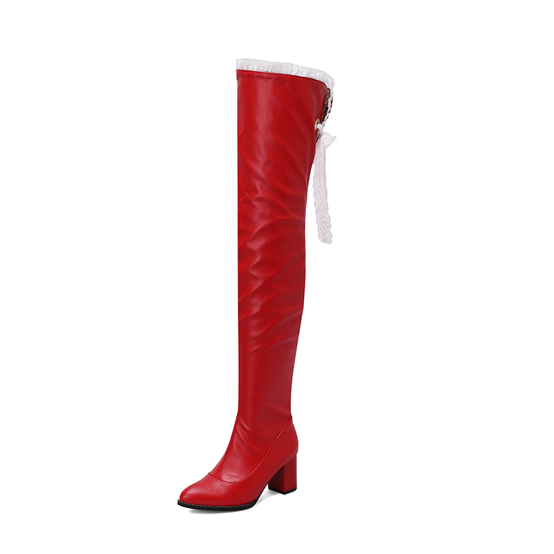 GOOSHOE Black Patent Leather Lace Bootlaces For Women Over The Knee High Boots Pointed Thick Heel Lace Straps Long Boots