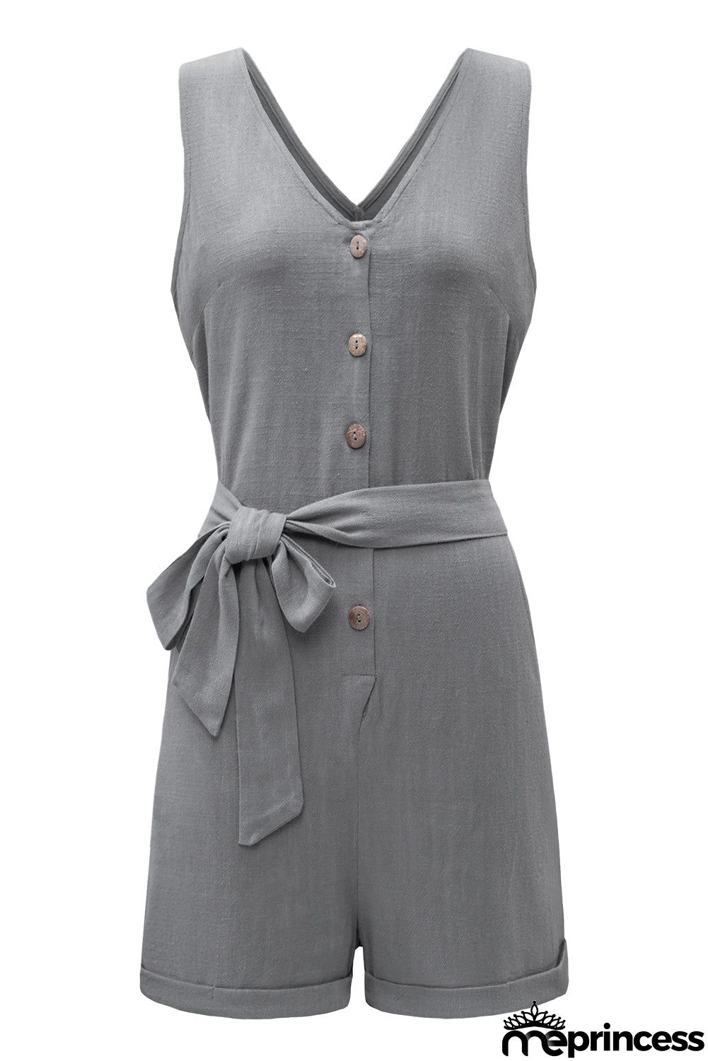Casual Gray Button V Neck Sleeveless Romper with Belt