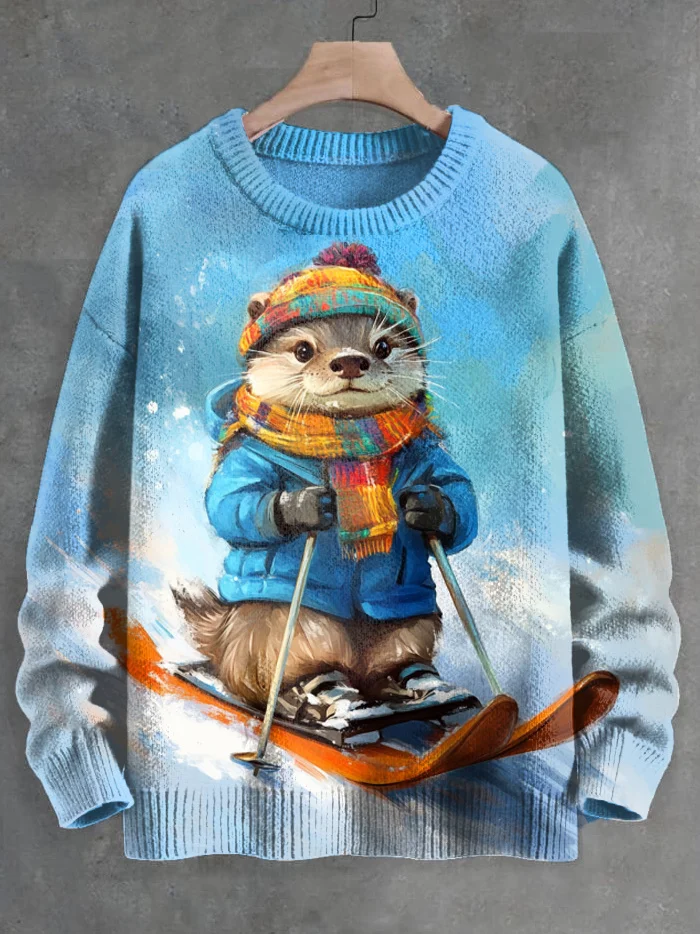 Men's Outdoor Otter Skiing Print Knit Sweatshirt