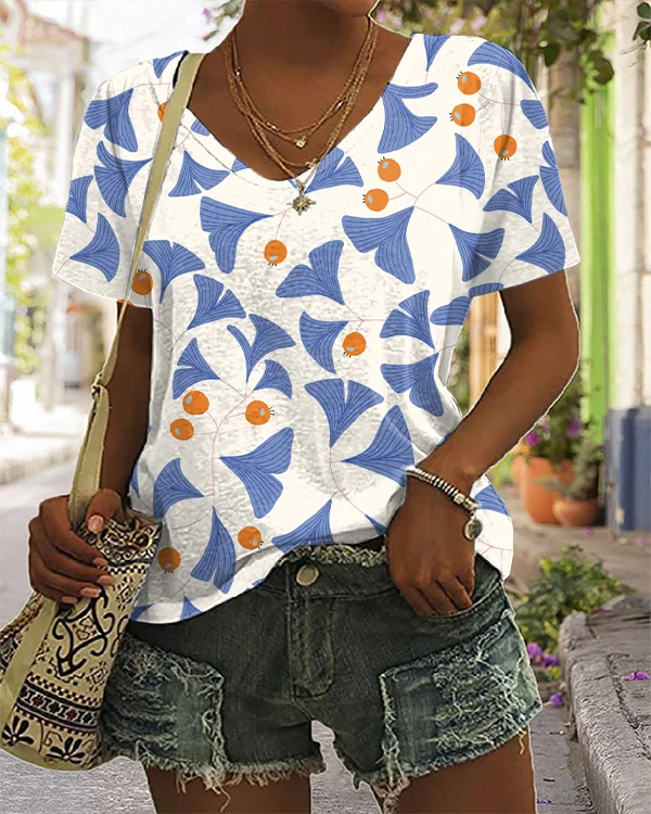 Japanese Ginkgo Leaf Printed Casual Short Sleeve T-Shirt