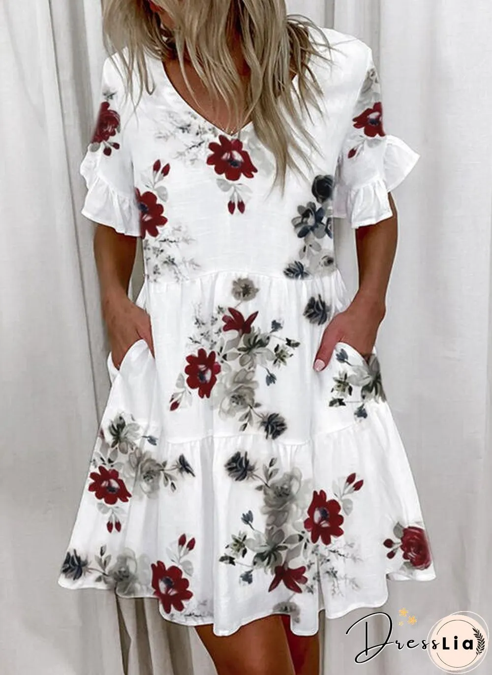 Printed Ruffle Pocket Dress Women Casual Loose Shoprt Sleeve Boho Vestidos Mujer