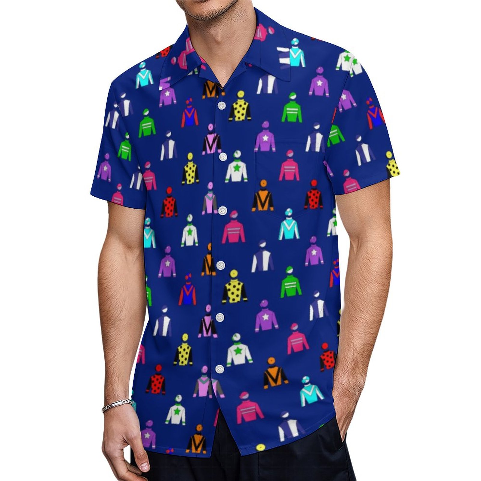 Jockey Silks Horse Racing Pattern Navy Blue Hawaiian Shirt Mens Button ...