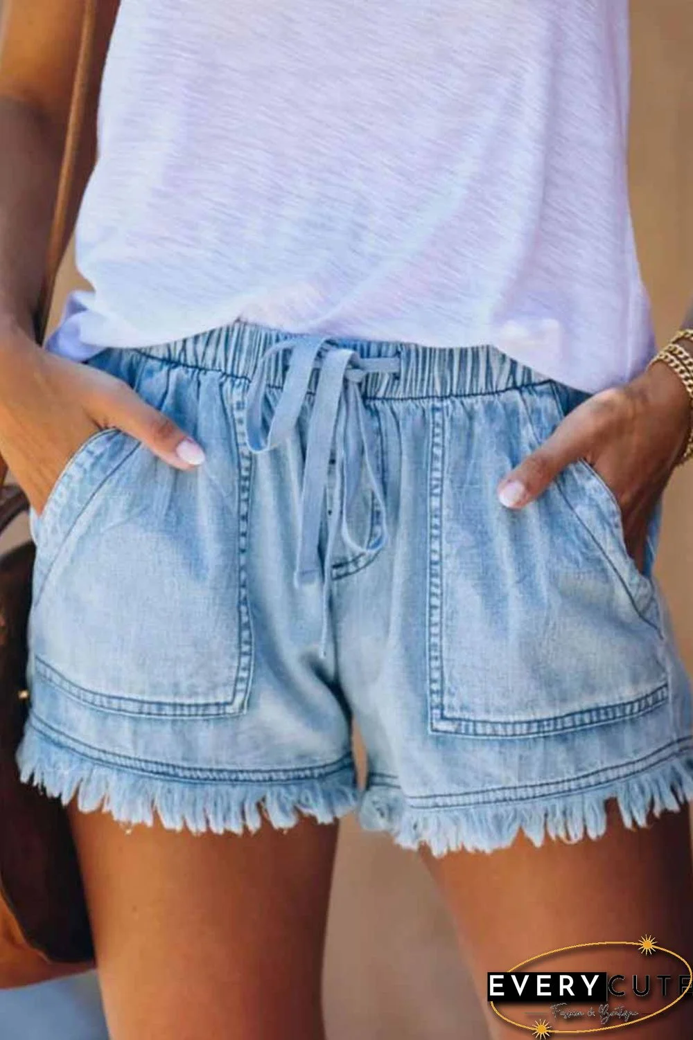 Lace-up Fringed Thin Denim Shorts