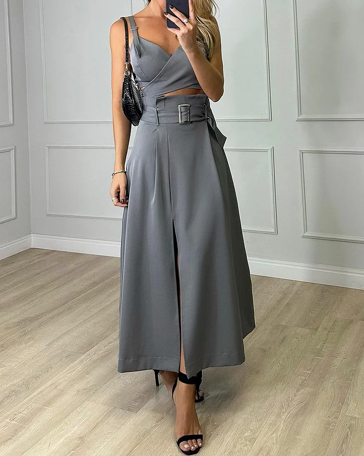 Camisole Top, Strappy Skirt, Solid Color, Two-piece Suit