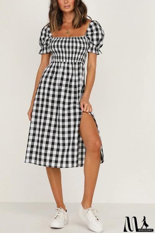 MidiSono - Plaid Square Neck Slit Dress