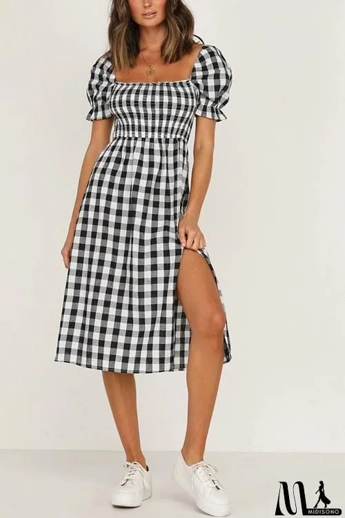 MidiSono - Plaid Square Neck Slit Dress