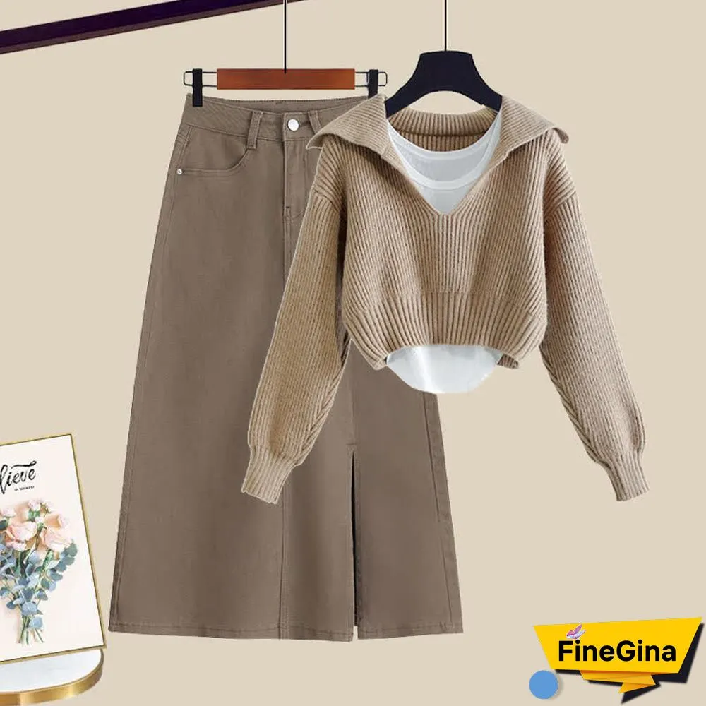 Sailor Collar Knit Sweater Cami Top Denim Split Skirt