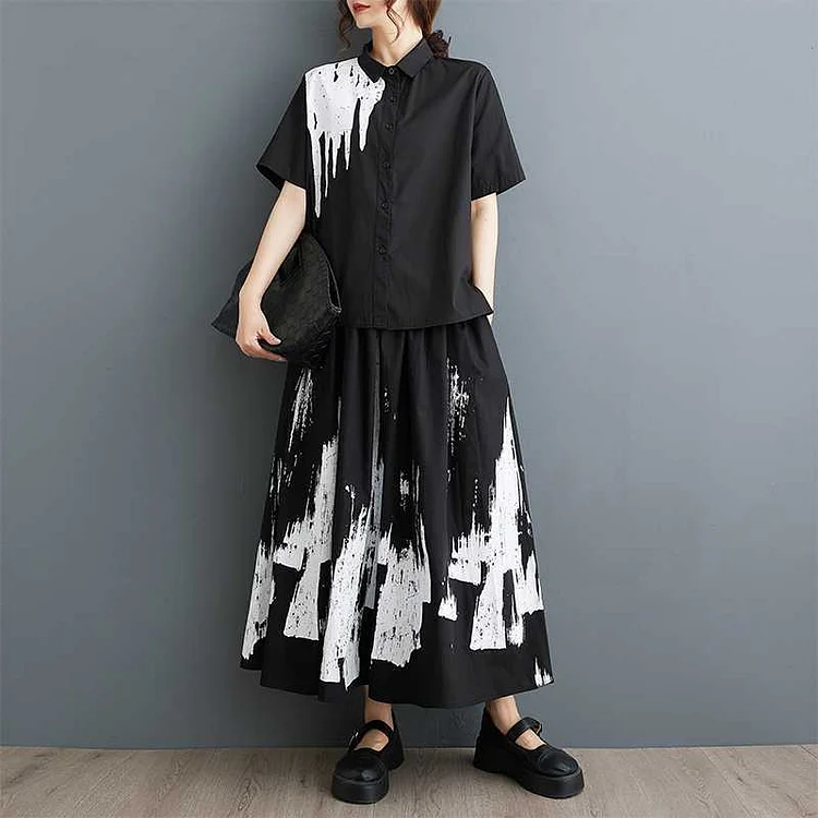 Irregular Print Short Sleeve Shirt and Skirt Two Piece Set