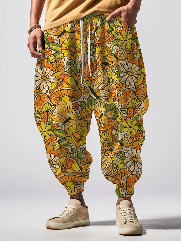 Men's Retro Summer Flower Mushroom Art Print Loose Drawstring Waist Sweatpants