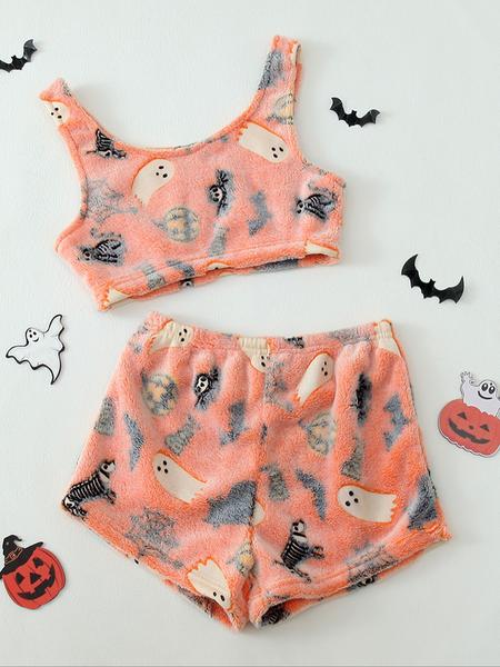 4 Counts/2 Set Women's Halloween Print Glow in The Dark Crop Tank Top & Elastic Waist Shorts Fluffy Pajamas, Casual Comfortable Loungewear for Women, Comfy Loungewear for Women, Women's Sleepwear for Fall, Fluffy Pajamas