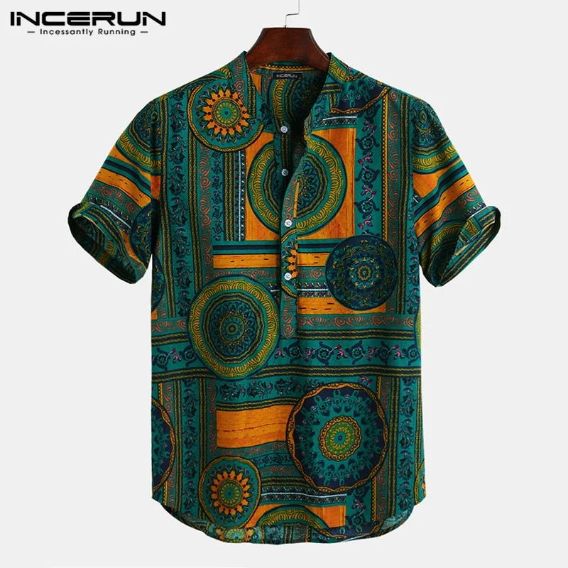 Men Shirt Ethnic Style Print Short Sleeve Stand Collar Camisa Masculina Casual Tops Streetwear Men Hawaiian Shirts 2021 INCERUN