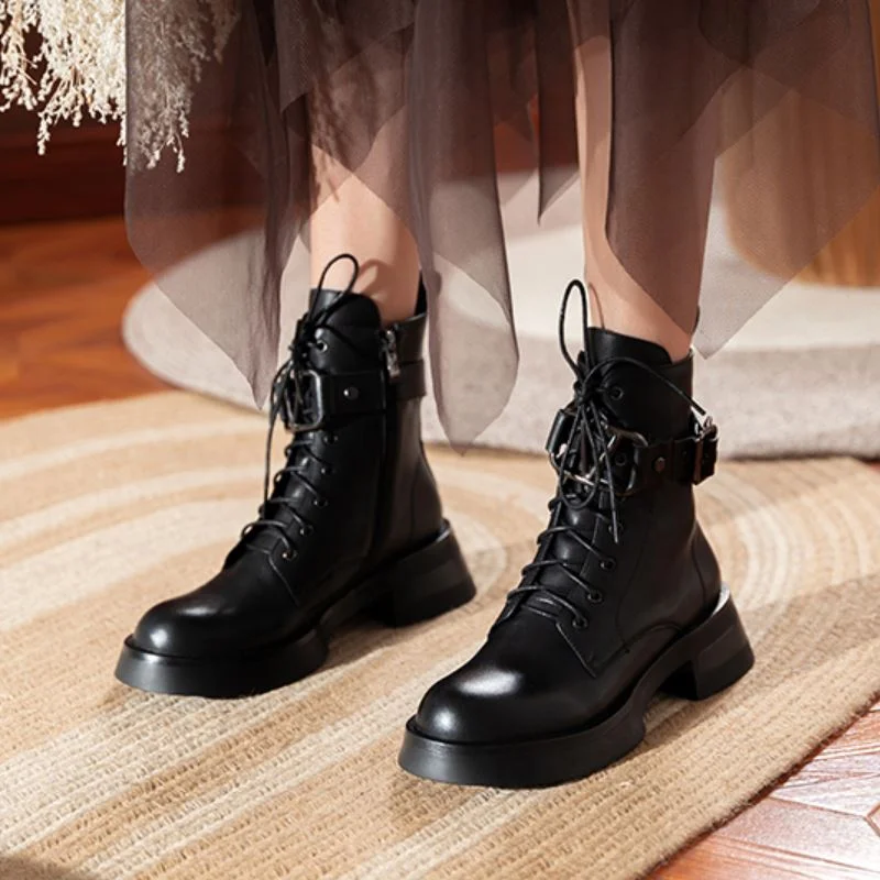 Real Leather Women Ankle Boots 2022 Fashion Platform Buckle High Heel Winter Shoes Woman Short Boot Footwear Size 34-40
