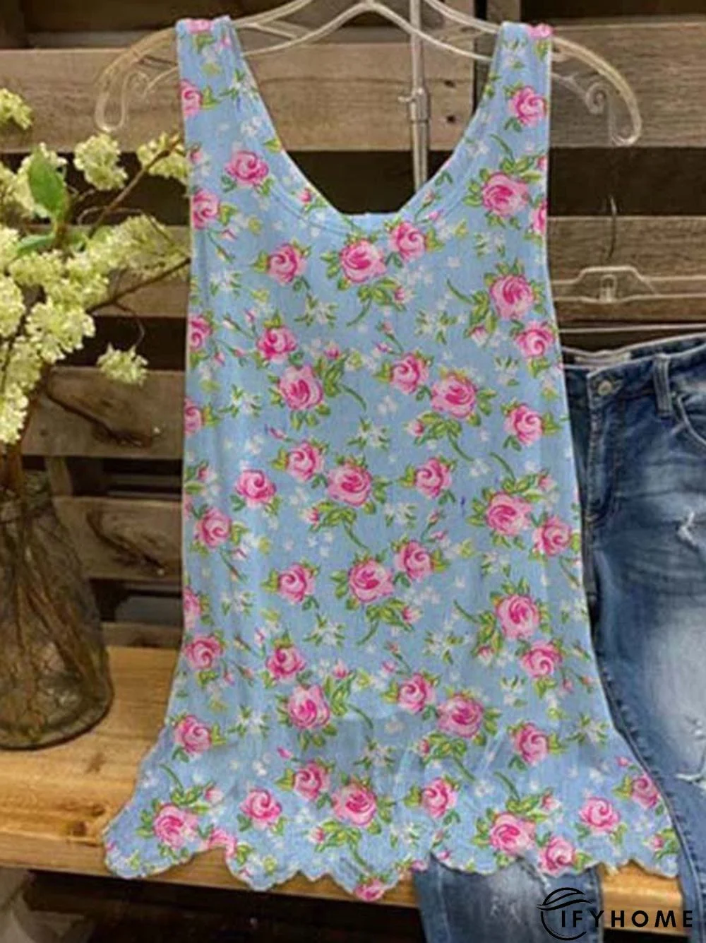 Crew Neck Floral-Print Casual Shirts & Tops | IFYHOME