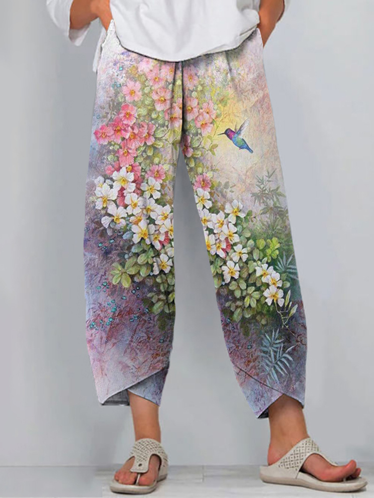Comstylish Vintage Floral Bird Print Loose Casual Pants