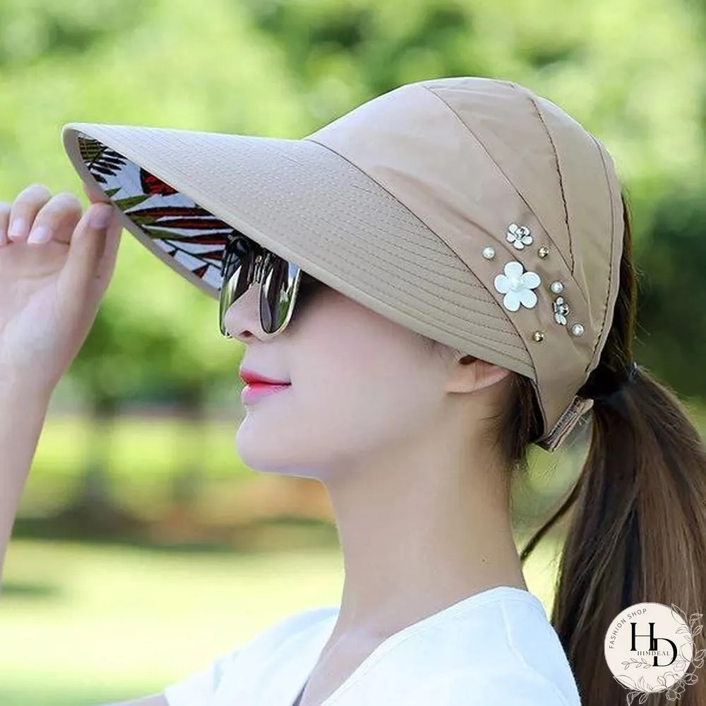 Women Summer Outdoor Gardening Anti-UV Foldable Beach Sunscreen Sun Hat Flower Print Cap