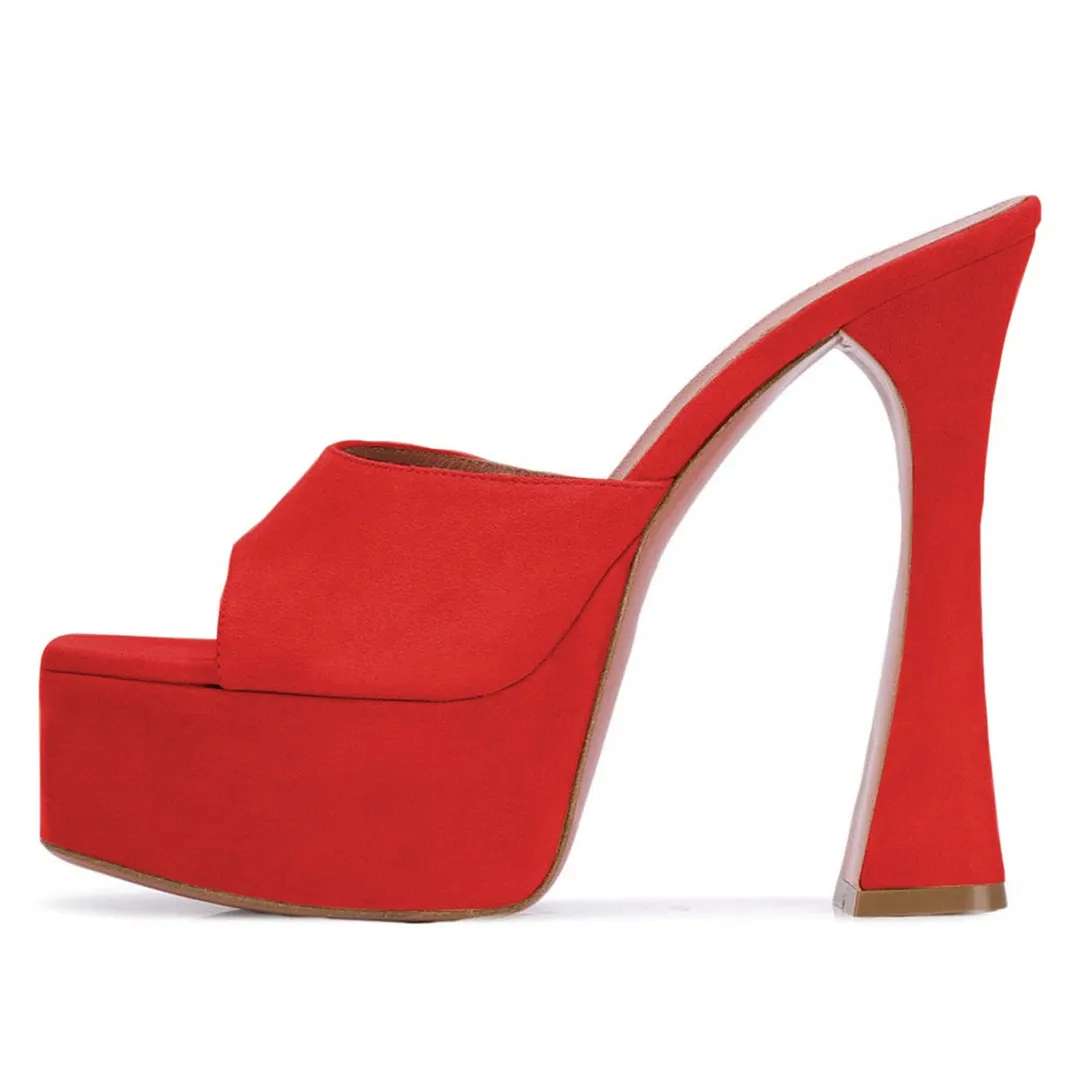 Casual Red Wide Strap Square Toe Platform Flared High Heels Sandals