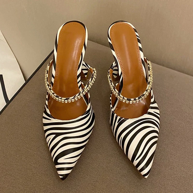 New Zebra Pattern Designer Heels Mules Woman Pumps Fashion Crystal Slingback Party Strange Style Wedding Bride Shoes Female